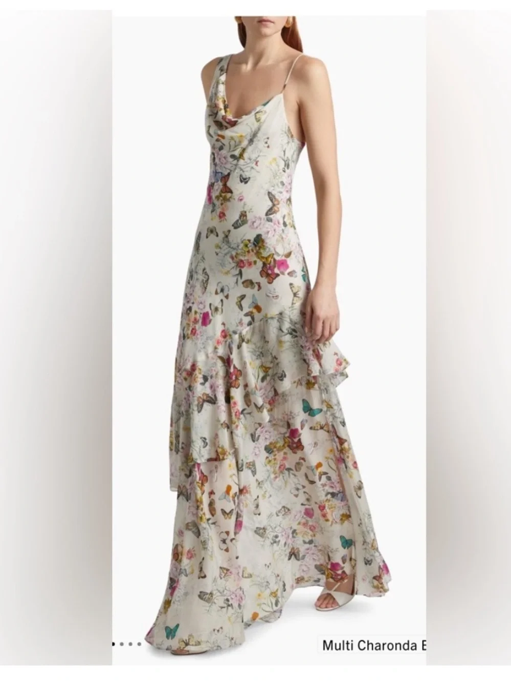 L'AGENCE White Floral One-Shoulder Silk Slip Dress with Pastel Butterfly Print - Picture 3 of 3